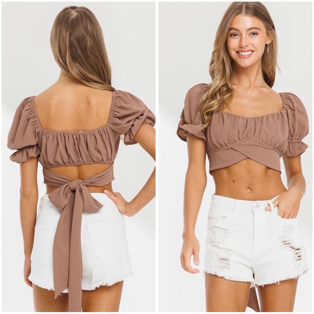 Bubble Crepe Tied Hem Puff Sleeve Crop Top